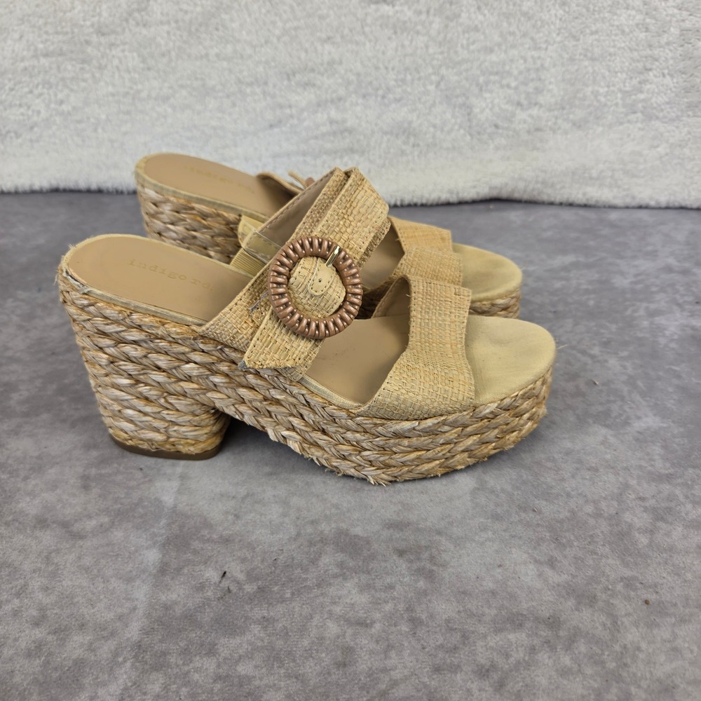 Indigo rd. Women Tan Raffia Platform Wedge Sandals Buckle Mules Size 8M